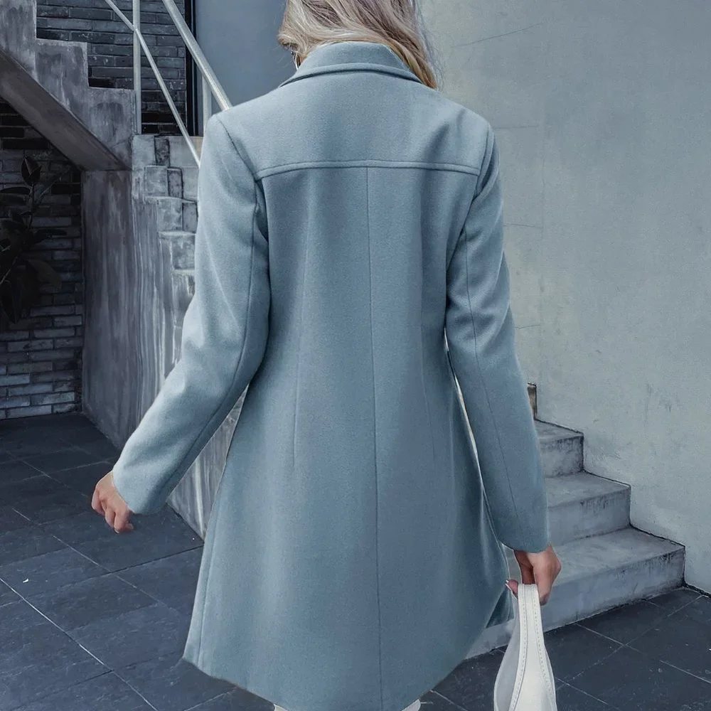 New Lapel Collar Double Breasted Overcoat Dusty Blue - Picture 2 of 6